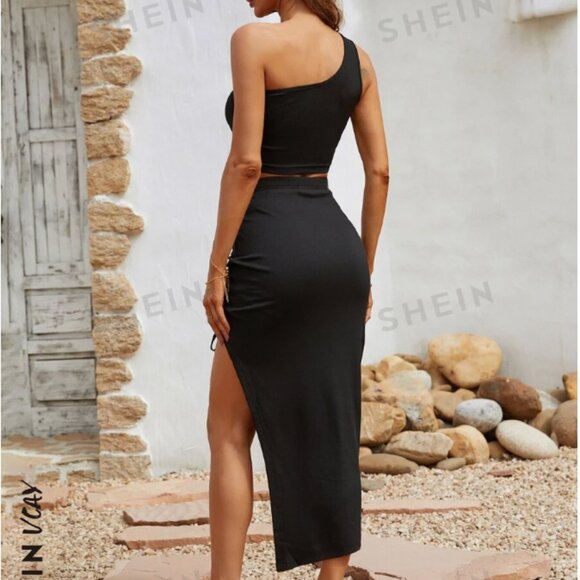 SHEIN VCAY One Shoulder Top & Drawstring Split Thigh Skirt SET NWOT - Picture 8 of 9